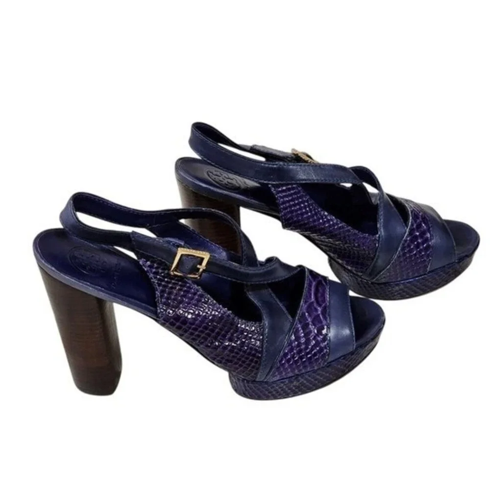 Tory Burch Purple‎ Snakeskin Leather Slingback Platform Block Heel Sandals